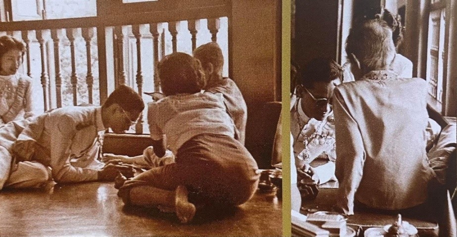 สมเด็จพระศรีสวรินทิรา บรมราชเทวี พระพันวัสสาอัยยิกาเจ้า ถวายน้ำพระพุทธมนต์ เทพมนต์ และทรงเจิมแด่สมเด็จพระเจ้าอยู่หัว ในการพระราชพิธีราชาภิเษกสมรส
