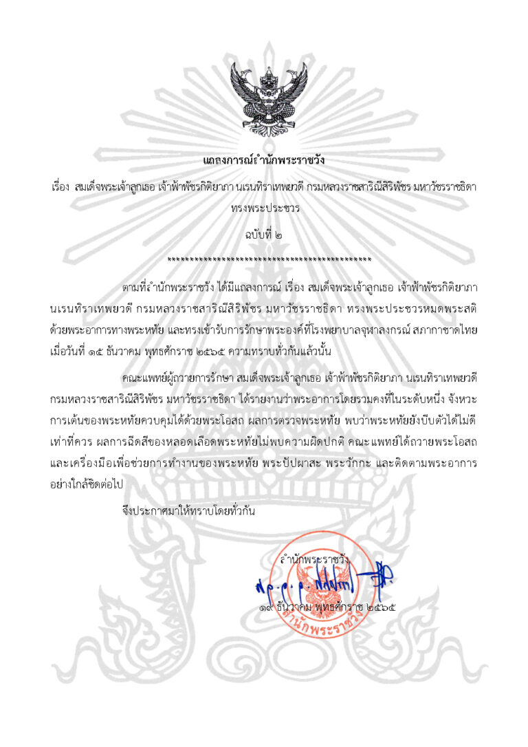 สมเด็จพระเจ้าลูกเธอ เจ้าฟ้าพัชรกิติยาภา นเรนทิราเทพยวดี กรมหลวงราชสาริณีสิริพัชร มหาวัชรราชธิดา ทรงพระประชวร ฉบับที่ ๒