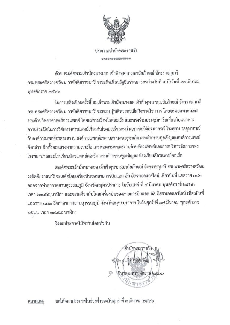 ด้วย สมเด็จพระเจ้าน้องนางเธอ เจ้าฟ้าจุฬาภรณวลัยลักษณ์ อัครราชกุมารี กรมพระศรีสวางควัฒน วรขัตติยราชนารี จะเสด็จเยือนรัฐอิสราเอล ระหว่างวันที่ ๔ ถึงวันที่ ๑๗ มีนาคม พุทธศักราช ๒๕๖๖