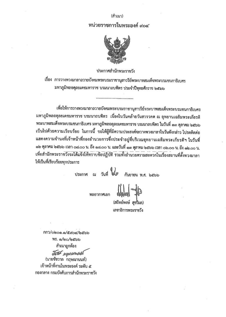 การวางพวงมาลาถวายบังคมพระบรมราชานุสาวรีย์พระบาทสมเด็จพระบรมชนกาธิเบศร มหาภูมิพลอดุลยเดชมหาราช บรมนาถบพิตร ประจําปีพุทธศักราช ๒๕๖๖
