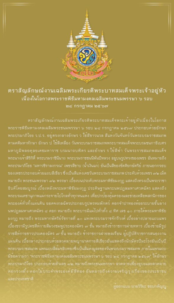 ตราสัญลักษณ์งานเฉลิมพระเกียรติพระบาทสมเด็จพระเจ้าอยู่หัว เนื่องในโอกาสพระราชพิธีมหามงคลเฉลิมพระชนมพรรษา ๖ รอบ ๒๘ กรกฎาคม ๒๕๖๗